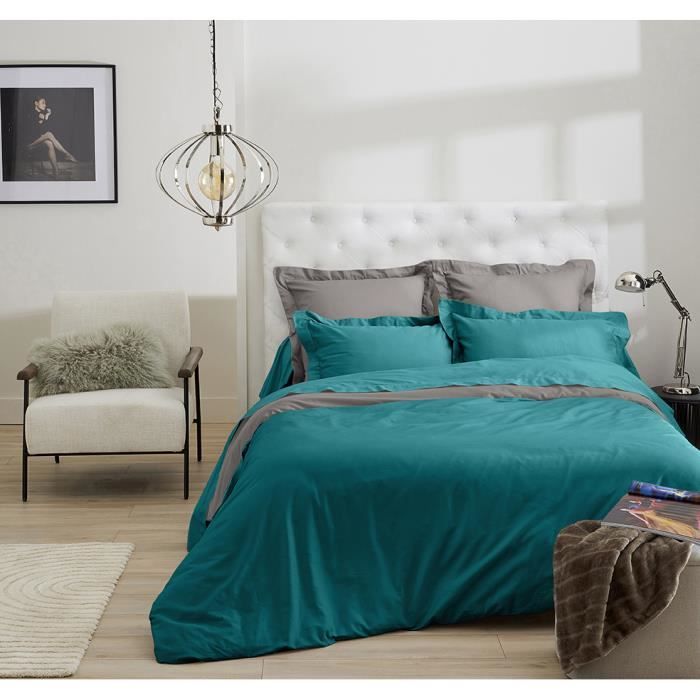 Housse De Couette Bicolore Et Reversible Satin De Coton 120 Fils Cm2 240x260 Gris Fonce Petrole Achat Vente Housse De Couette Seule Cdiscount