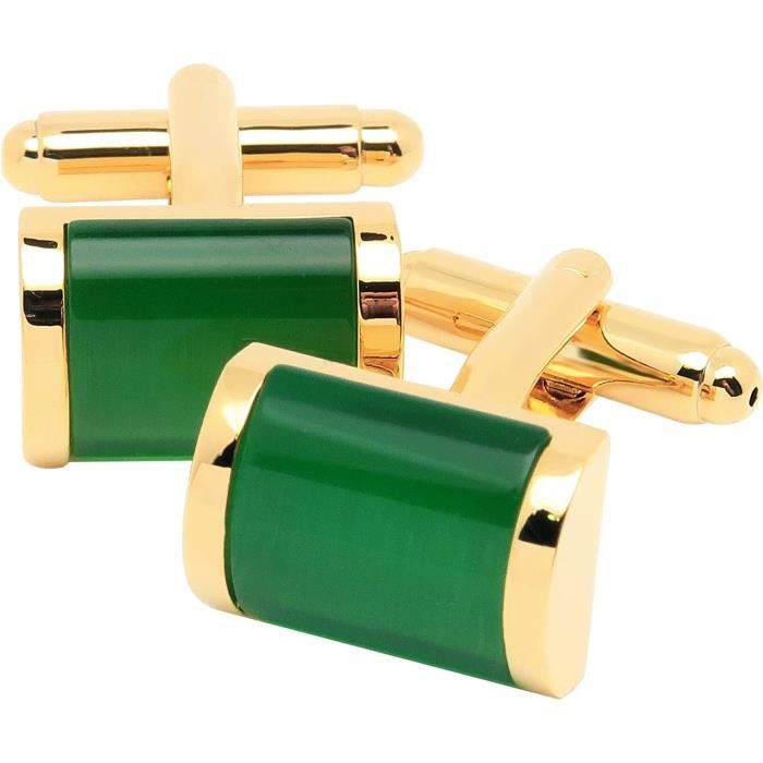 Boutons De Manchette Vintage Cabochon Verre Vert Ton Or - Marque ANSON - Occasion