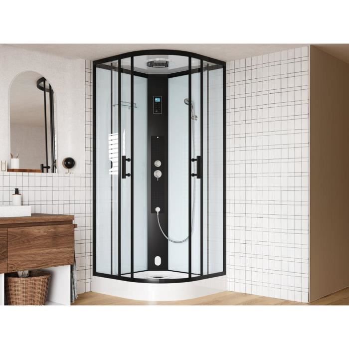 Cabine de douche hydromassante et hammam à LED - SOLTARO - L90 x l90 x H215 cm - Noir et Blanc