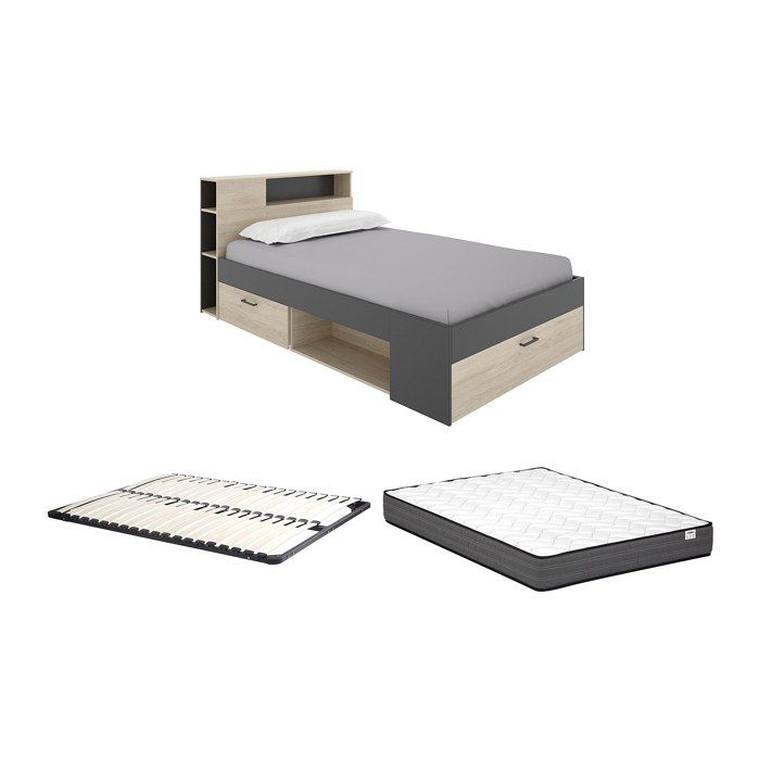 Lit avec tête de lit rangements et tiroirs - 120 x 190cm - Coloris : Naturel et anthracite + Sommier + Matelas - LEANDRE Lit avec tête de lit rangements et tiroirs - 120 x 190cm - Coloris : Naturel et anthracite + Sommier + Matelas - LEANDRE