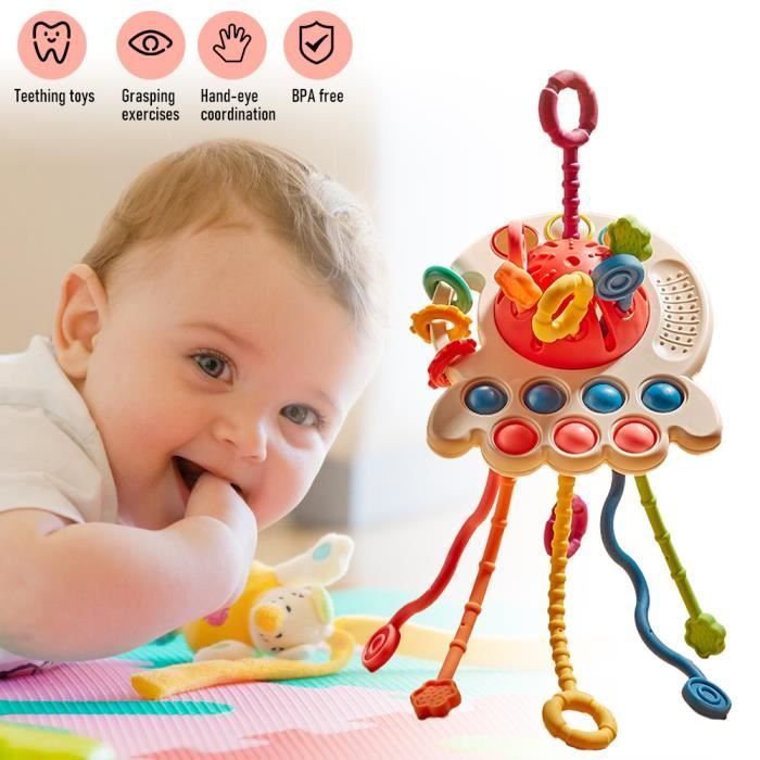 Montessori Bebe 1 2 Ans,Sensoriels Corde à Tirer Poulpe, Jouets de Voyage et de Dentition, Motricité Fine pour Bébés