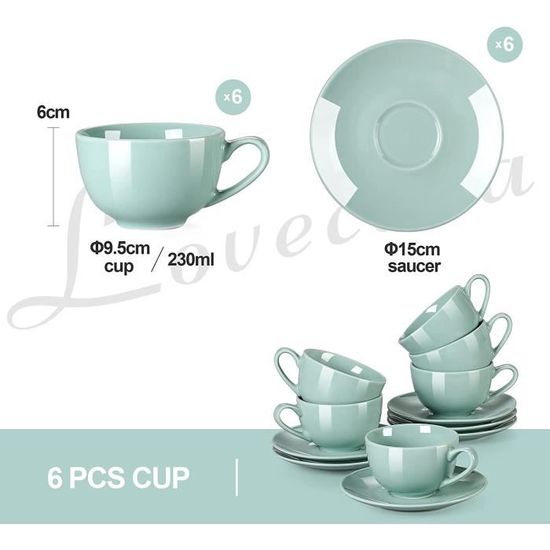 Service à Café Expresso LOVECASA 6 Personnes - Tasses 80ml En Porcelaine Avec Soucoupes, Design Moderne