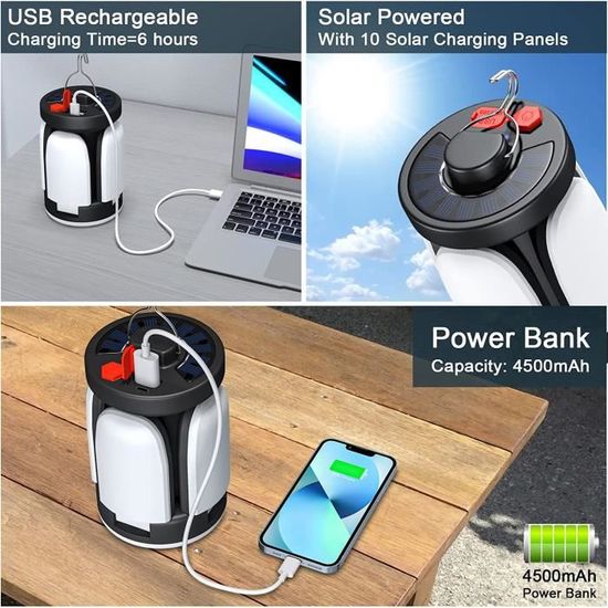 Lampe Camping URBZUE Rechargeable 3000mAh – Pliable, 3 Têtes, IP44, 5 Modes, Télescopique Jusqu'à 20,3″