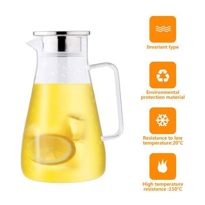 Carafe à Eau 1.8L Verre Borosilicate Avec Couvercle Inox - Pichet Réfrigérateur Étanché