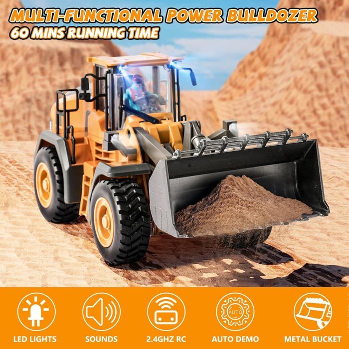 Bulldozer Télécommandé 2,4 GHz – Métal Et ABS – 9 Canaux, Lumière, Son, 3,7V 1200mAh – Cadeau Enfant 3-12 Ans