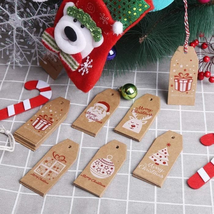 150 Étiquettes Cadeau Noël Papier Kraft Avec Ficelle - 3 Motifs Flocons Cœurs Arbres Pour Emballages Festifs
