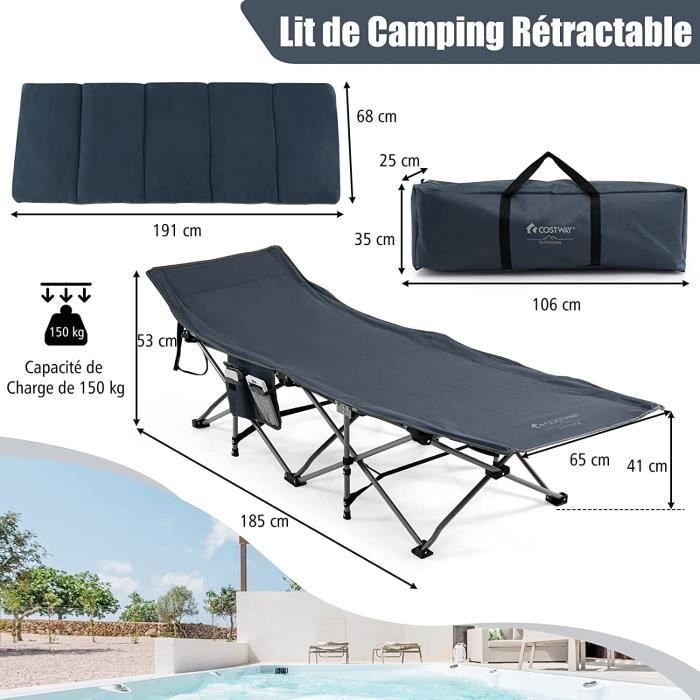Willonin® Lit de camp pliable pour voyage extérieur, Lit portable de