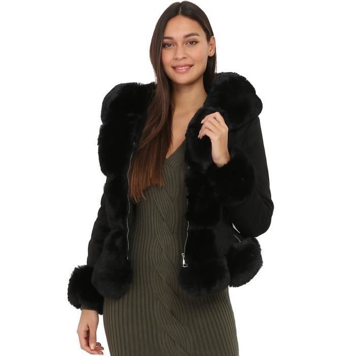 Manteau noir fourrure synth tique ceintur Noir Cdiscount Pr t