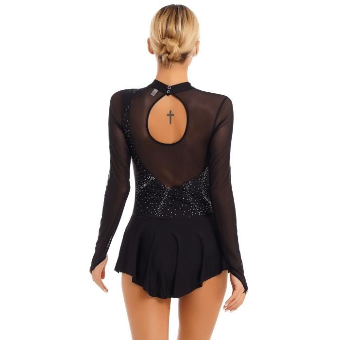 Robe De Patinage Artistique Noire - Manches Longues Et Jupe Maille Diamant - Pour Compétition Ou Spectacle