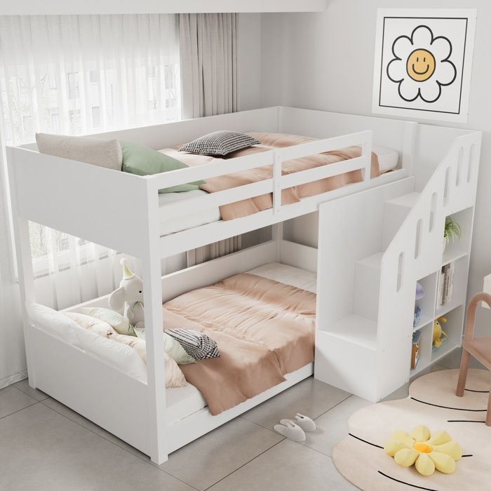 Lit Superposé Enfant 90x200 Cm – Bois Massif, Motif Lapin/carotte, Rangements Tiroirs Et étagère, échelle Sécurisée, Blanc+rose