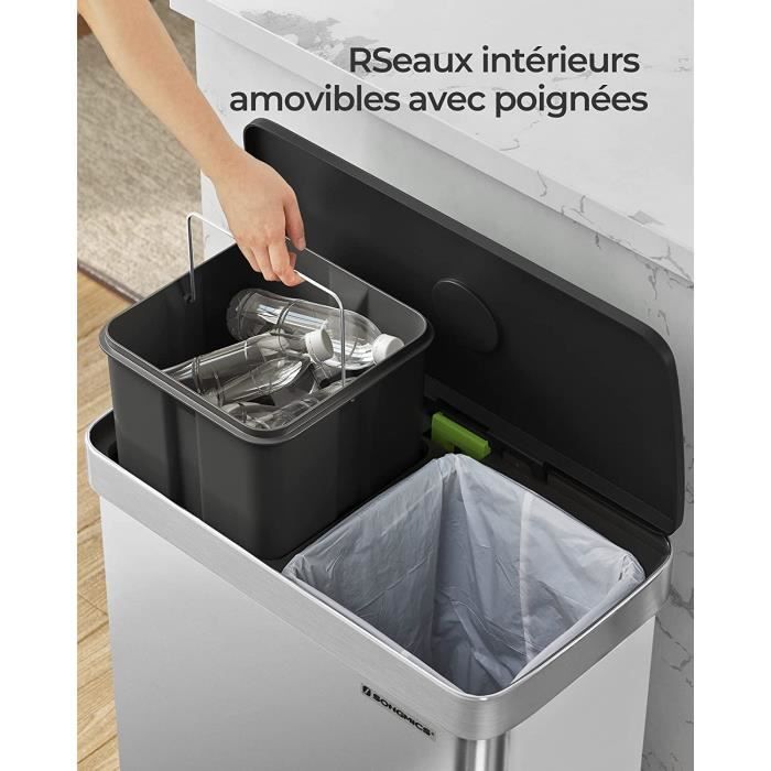 Poubelle Cuisine, 45L (3 X 15 L), Poubelle Tri Selectif 3, Avec Pédales à Code Couleur, Ilencieux Et Retombe Lentement, Blanc - Maison