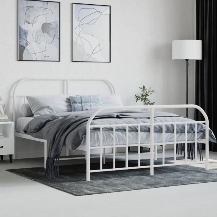 Cadre De Lit Métal Blanc 90x190 Cm - Structure Solide Avec Sommier à Lattes Et Design Cercle Décoratif