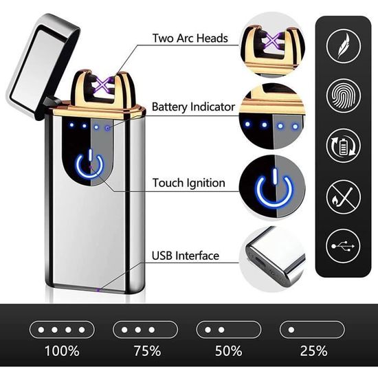 ASANMU Briquet Électrique USB, Briquet Electrique Rechargeable USB,  Commande Tactile, avec Points d'arc et Indicateur Puissance, Anti Vent  Coupe-Vent