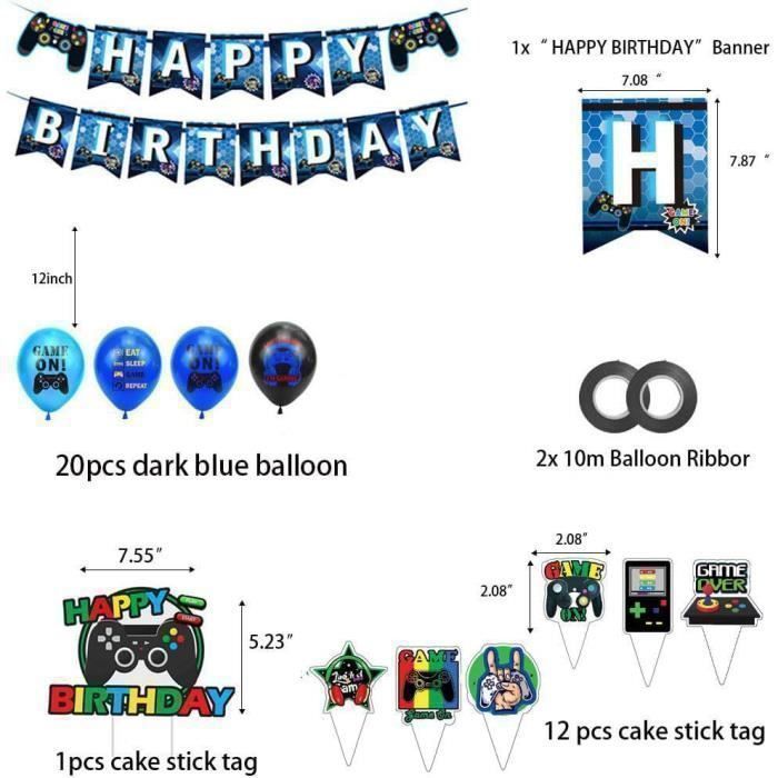 Bannière D'anniversaire Thème Jeu Vidéo Rétro - Lettres Happy Birthday Rouge Et Bleu - 20x13 Cm - Décoration Fête Garçon Fille Ado
