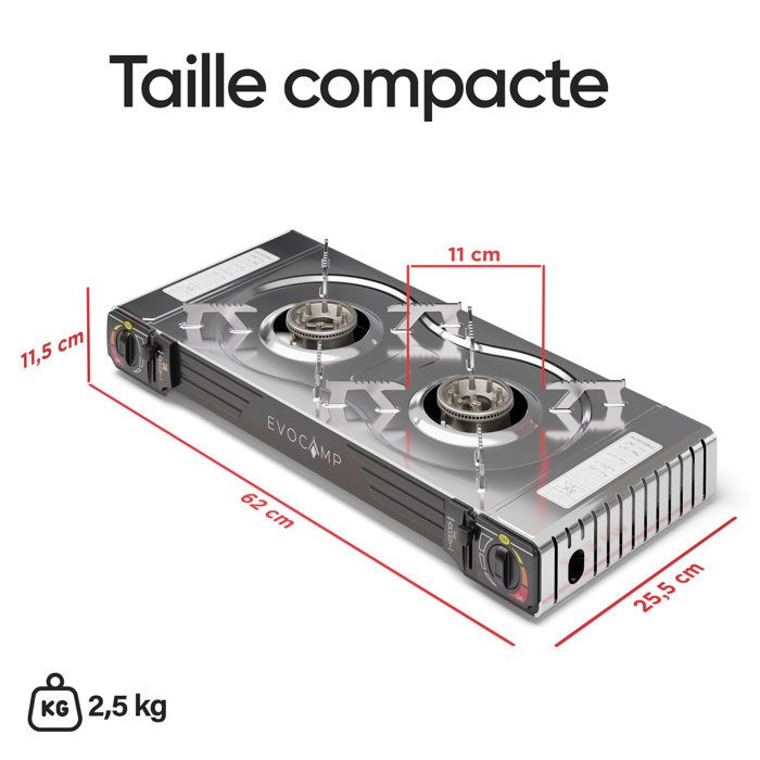 ALPEN CAMPING Réchaud Double Feu 4400W – Inox/Aluminium – Allumage Piézo – Compact 62,2x28x11,5 Cm – Pour Camping, Terrasse, Chantier
