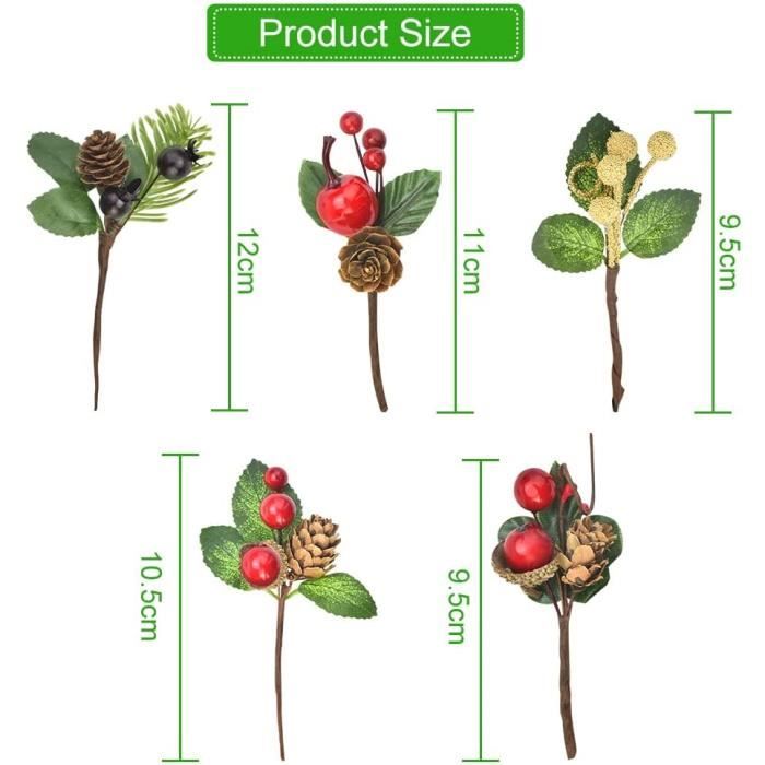 20 Branches De Pin Artificielles Avec Baies Rouges Et Pommes De Pin - 12 Cm - Déco Noël DIY