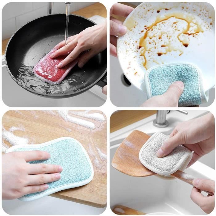 Éponge de nettoyage à double action, tampons à récurer antibactériens en  microfibre pour cuisine