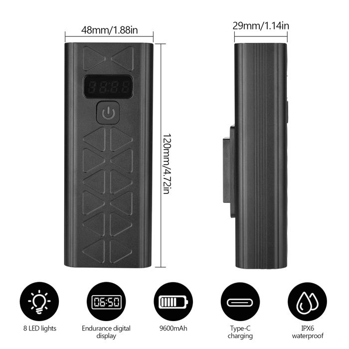 Éclairage Vélo Super Puissant Avec écran De Charge USB-C, Phare Avant Et Feu Arrière LED 8 Perles, 5 Modes, étanche IPX6, Batterie 9600 MAh Pour Une Visibilité à 500 M