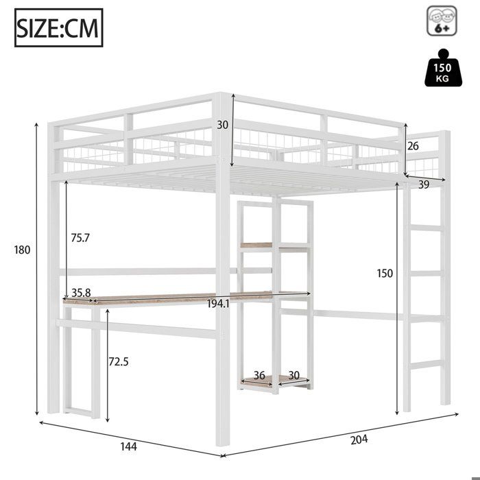 Lit Mezzanine 90x200 cm Ado , Avec Bureau Intégré, Échelle et