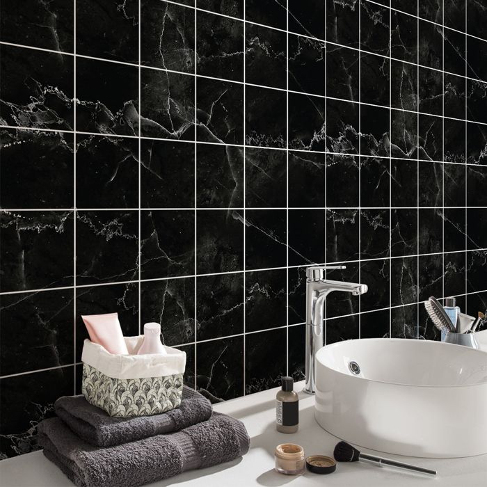 12 Stickers Carrelage Effet Marbre Noir 20x20cm - Autocollants Cuisine Salle De Bain