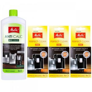 DÉTARTRANT Kit Melitta Détartrant Melitta Anticalc Liquide Bio Multi usage, 250 ml et tablettes de nettoyage perfect clean tabs