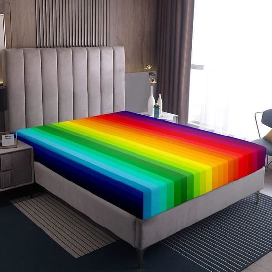 Parure de lit moderne à rayures colorées pour lit simple (1 drap-housse 1 taie d'oreiller) - Motif à rayures arc-en-ciel - Décoration de chambre d'enfant - Pour lit simple