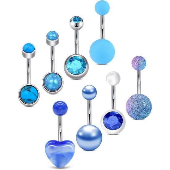 Set De 8 Bijoux Piercing Nombril Acier Chirurgical - 14G 10mm, Barres Et Anneaux Noirs - 7