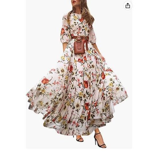 Robe Rimwrold Robe Femme Été Bohème Chic Manches 3/4 Impression Maxi Robe ...