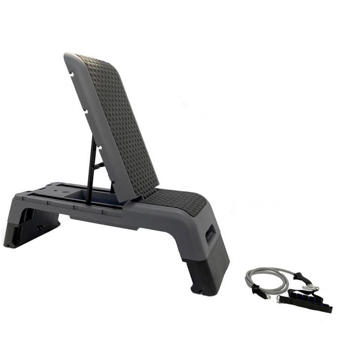 Step Deck Fitness - Banc de musculation - 3 inclinaisons - 2 hauteurs - Tube de résistance - Rangement interne - Antidérapant