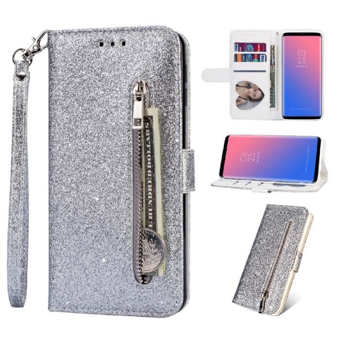 Étui Samsung Galaxy A52 (5G), Portefeuille Silicone Bling Bling Cuir Luxueux Fille Ultra-fin Dragonne Antichoc, Argent