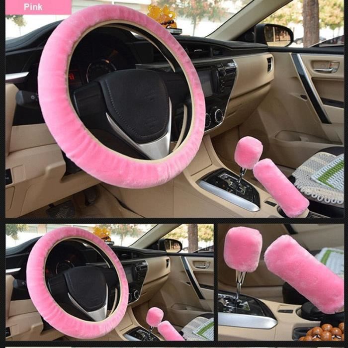 Couleur rose 38cm Universel Chaud Couverture de Volant en Peluche 3 Pièces - Ensemble de Frein à Main de Vite