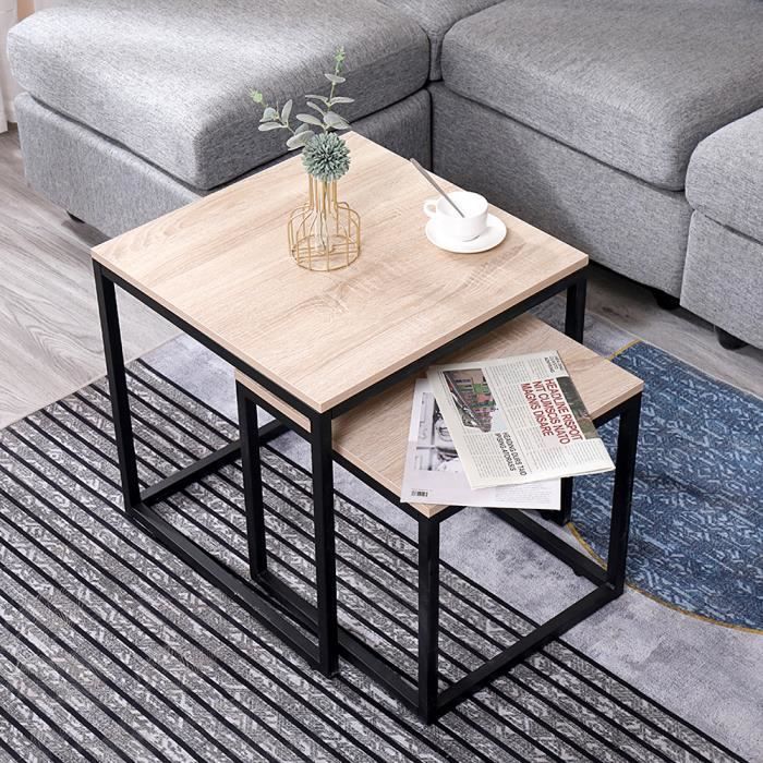 Lot de 2 Tables Basses Gigognes Design Industriel Bois et Métal pour Bureau Salon