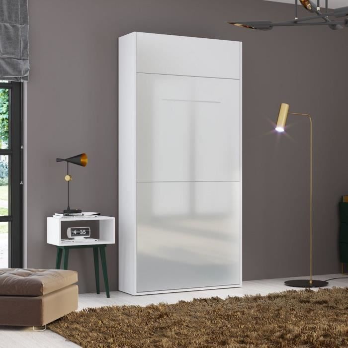 Lit escamotable STUDIO façade blanc brillant Couchage 90*200 cm Ouverture assistée et pied automatique blanc bois Inside75