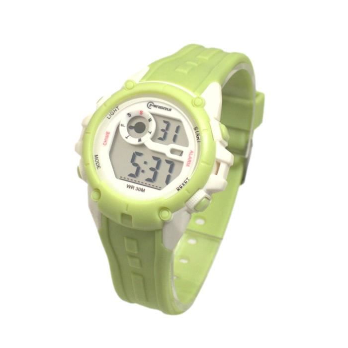 Montre femme quartz digitale verte sport chrono alarme etanche