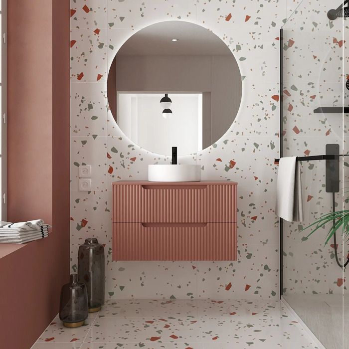 Meuble de Salle de Bains LEON 80cm Terracotta - 2 Tiroirs en MDF Ondules - Vasque Ronde 36cm