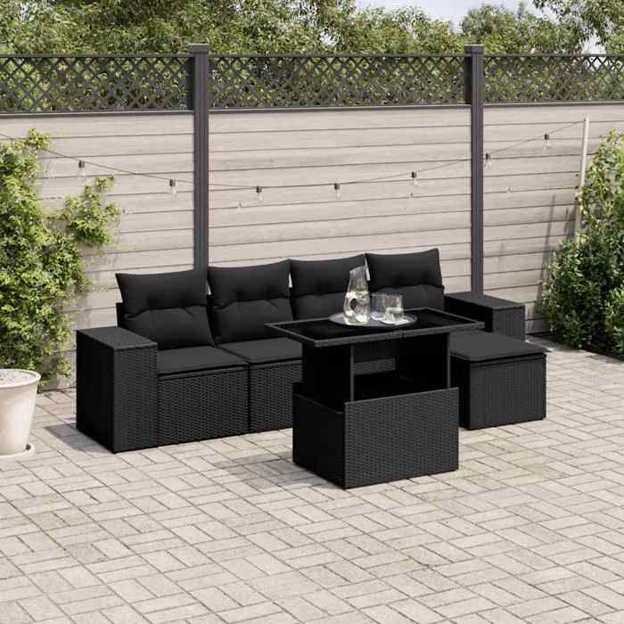 vidaXL Salon de jardin 6 pcs avec coussins noir résine tressée 3269125
