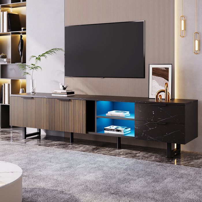 Meuble TV marbre portes bois sombre LED réglable deux portes deux tiroirs - SWEIKO - Noir Meuble TV marbre portes bois sombre LED réglable deux portes deux tiroirs - SWEIKO - Noir