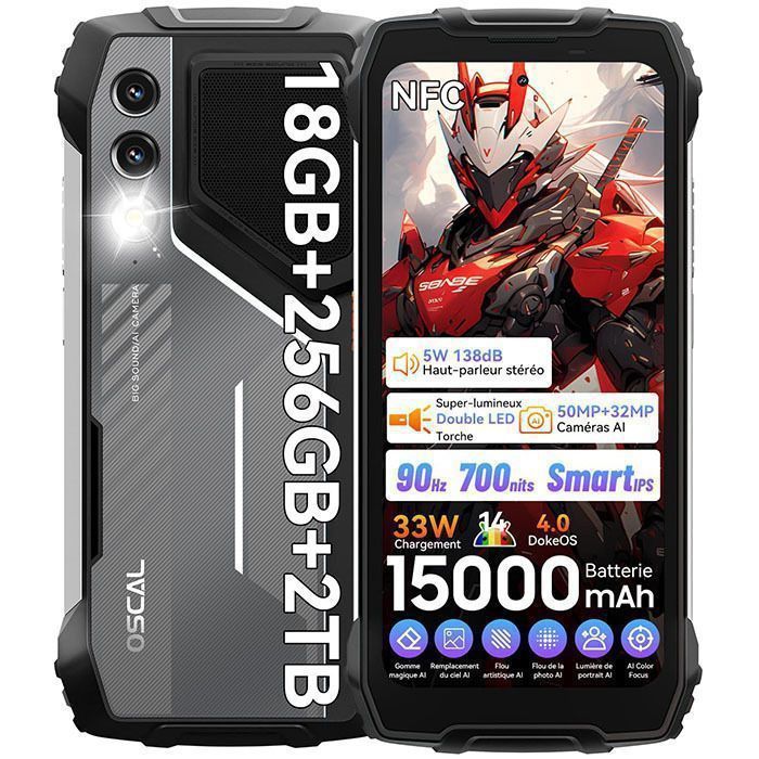 Smartphone Robuste OSCAL PILOT 1 Téléphone Portable IncassableÉcran 6.6718Go+256Go(2To TF)15000mAh 50MP+32MPIP68/IP69KNFCGPS