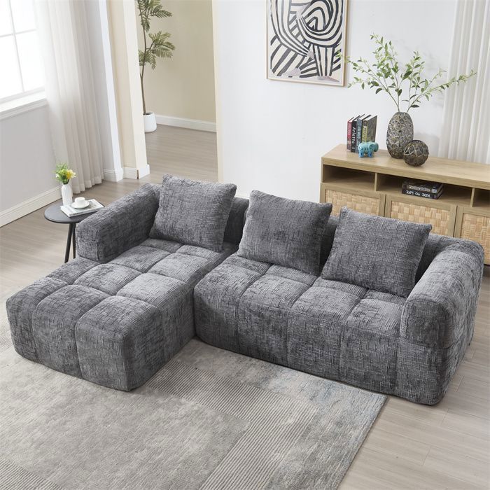 DRIPEX Canapé dangle Sectionnel en Chenille ModerneCanapé 3 places en forme de L avec 3 coussinspoche latéraleGris
