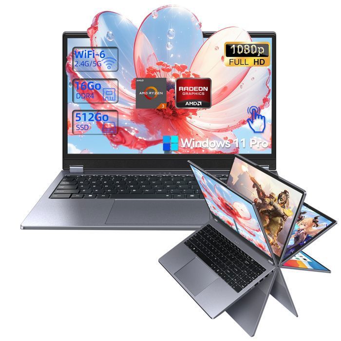PC Portable 2-en-1 Écran tactile 360° Flip AMD Ryzen3 3200(jusquà 3.5Ghz)DDR4 16GB RAM 512GB SSD Win11 Pro Ordinateur portable