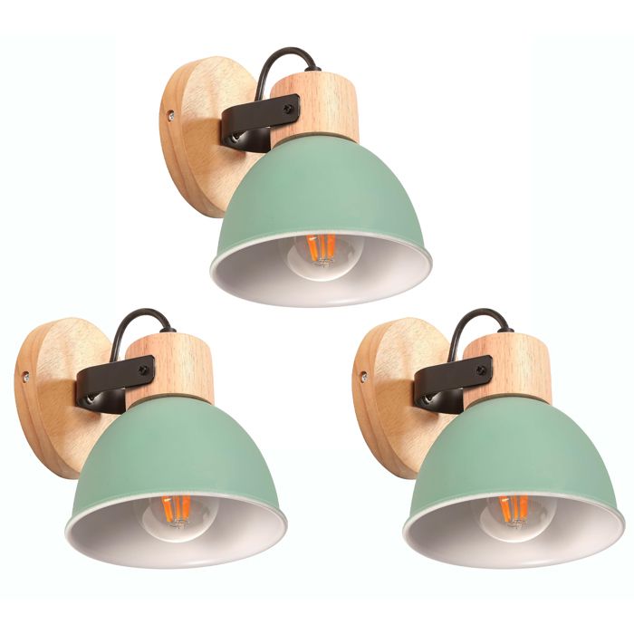 iDEGU 3x Retro Lampe Murale Industriel Spot LED 15cm Applique Murale Intétrieur en Bois Fer Design Vintage Luminaire Réglable Vert