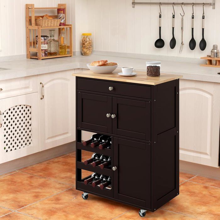 COSTWAY Desserte de Cuisine à Roulettes avec Plateau en Bois dHévéa Tiroir Porte-Bouteilles à 3 Niveaux et 2 Placards Marron