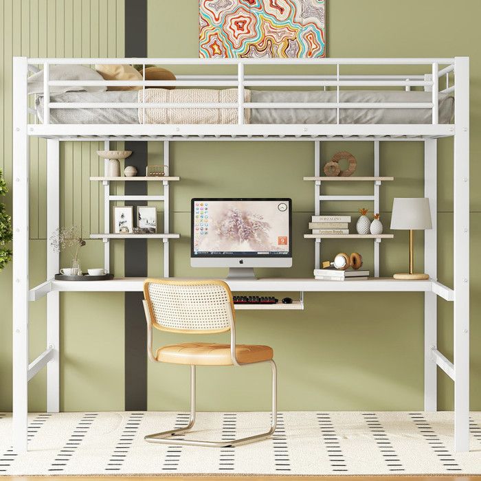 Lit mezzanine 140 x 200 cm avec bureau et deux étagères Lit enfant avec cadre de lit en métal Lit 2 personnes Blanc