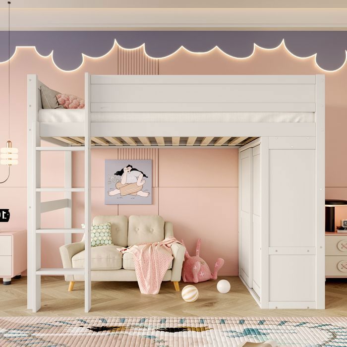 Lit Mezzanine 90x200 cm avec Armoire et Espace de Rangement Cadre de Lit Haut en Pin et MDF Blanc (sans Matelas) Lit Mezzanine 90x200 cm avec Armoire et Espace de Rangement Cadre de Lit Haut en Pin et MDF Blanc (sans Matelas)