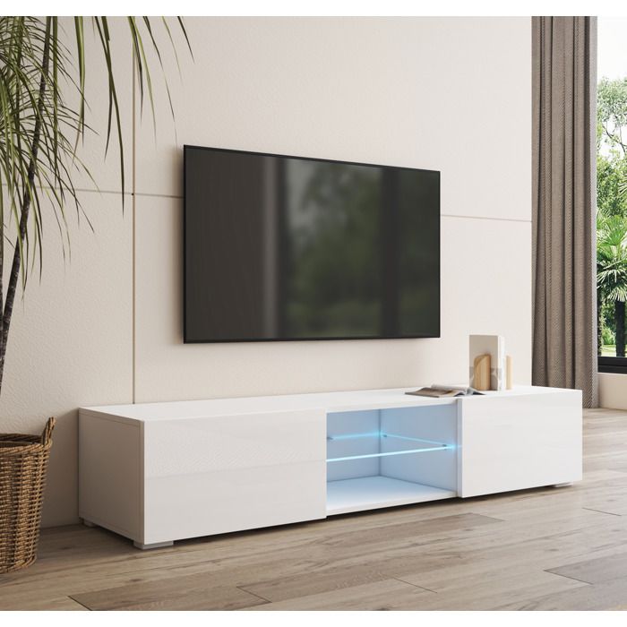 Meuble TV - DESIGN AMEUBLEMENT - TIBI - 160 cm - Blanc brillant - LED bleu
