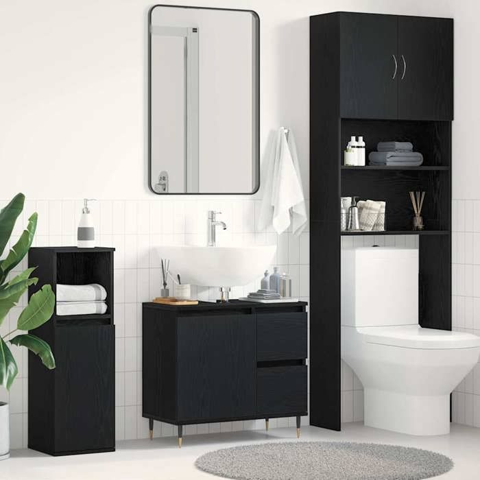BONNIE®Noir Meuble lavabo Armoire WC - Design peu encombrant Noir Chêne 65x33x60 cmbois dingénierie &FR495782