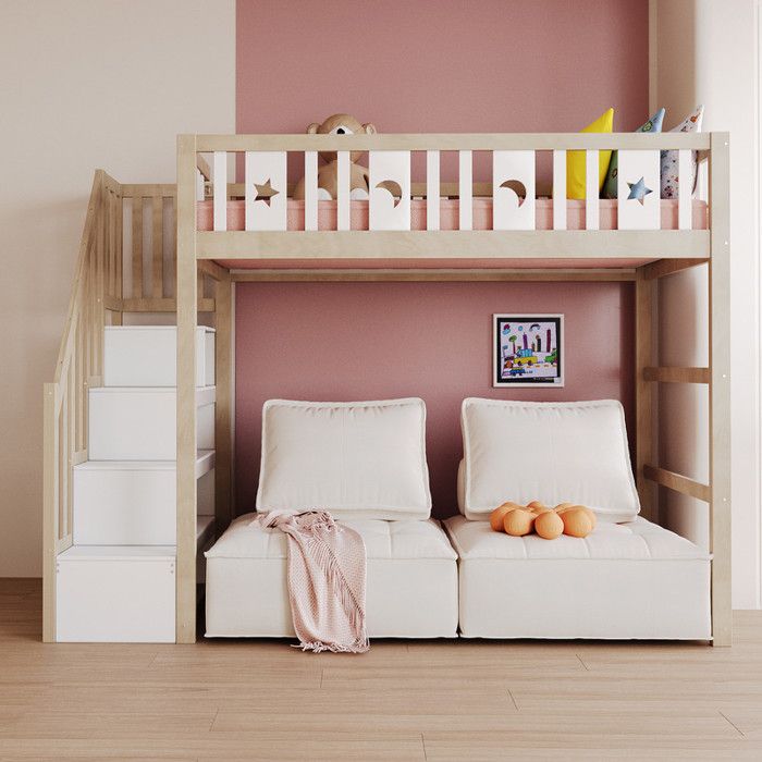 Lit mezzanine enfant 90x200cm - Avec échelle de rangement - Avec barrières de sécurité - Naturel (sans matelas)
