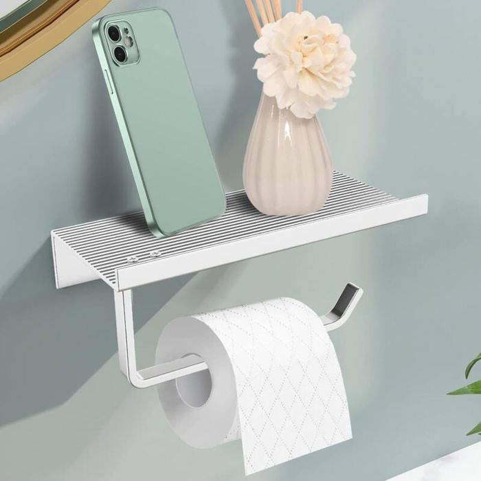 Porte Papier Toilette Mural Avec Étagère En Marbre - Installation Sans Perçage Ou Vis - Design Noir & Or - Salle De Bain - 12