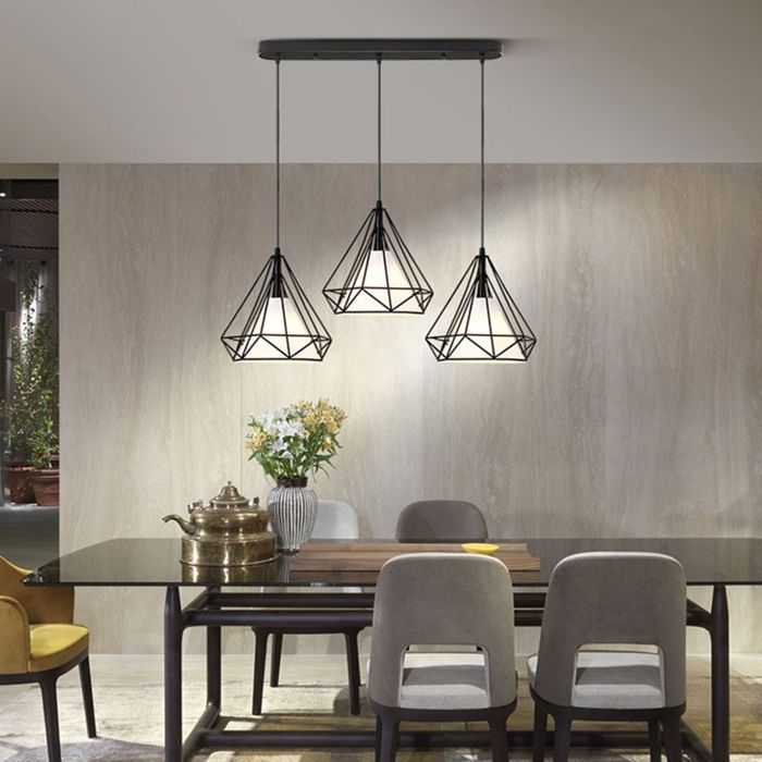 Lustre suspension - 3 lampes cage forme diamant - Noir - Métal - E27