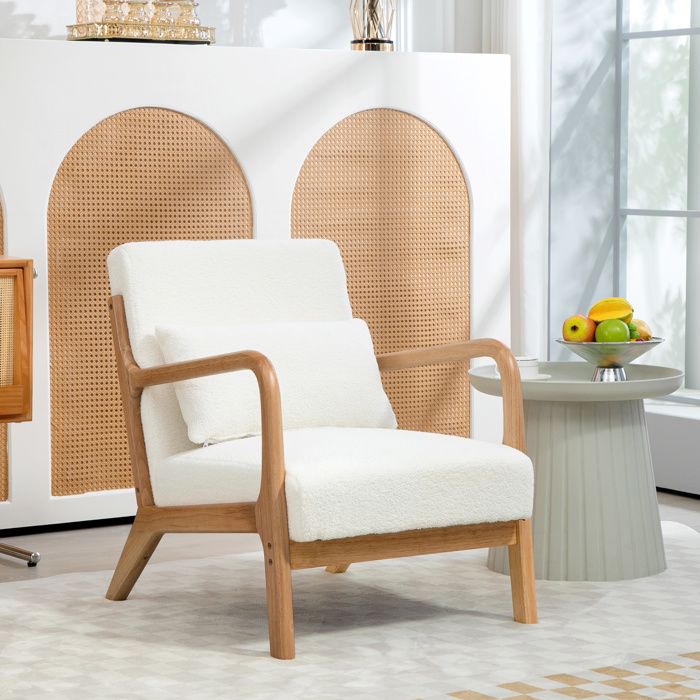 Fauteuil lounge - 3 coussins inclus - assise profonde - accoudoirs - structure bois hévéa - aspect velours crème